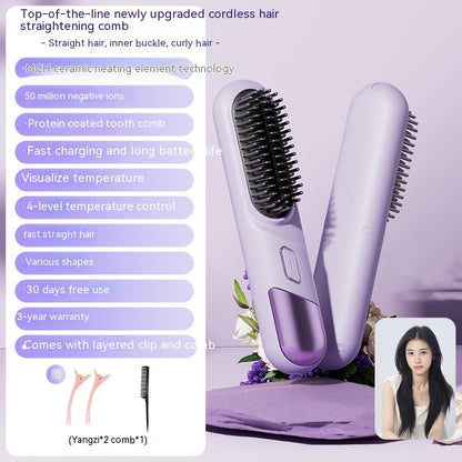 Portable Dual-Purpose Wireless Straightening Comb with Anion Hair Care.